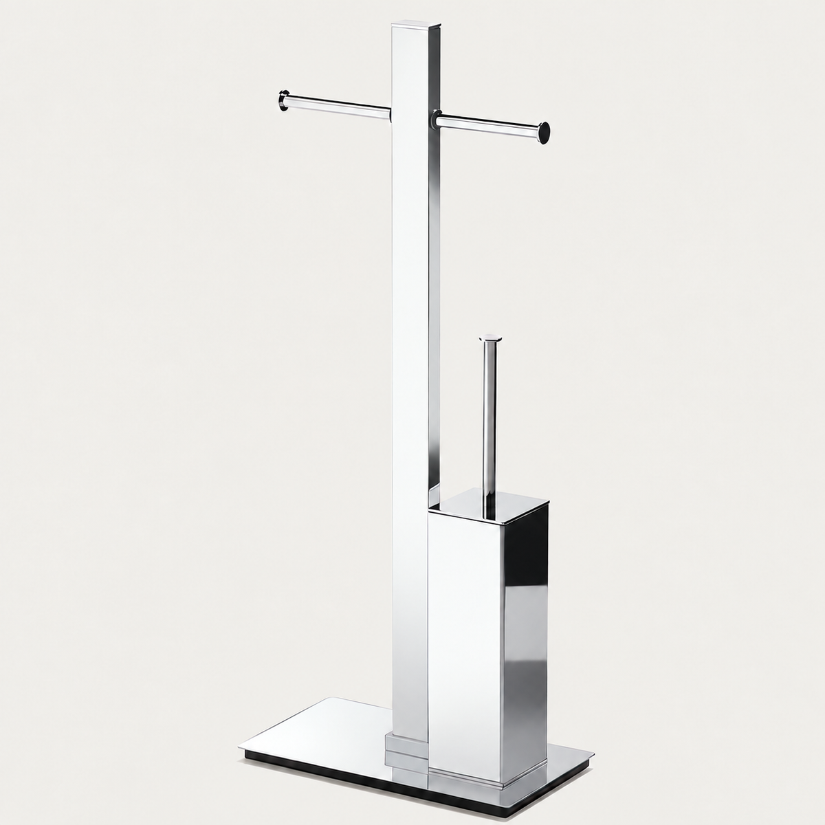 A modern chrome bathroom accessory set featuring a wall-mounted toilet paper holder with two horizontal bars and a matching toilet brush in a rectangular base, shown against a light off-white background.