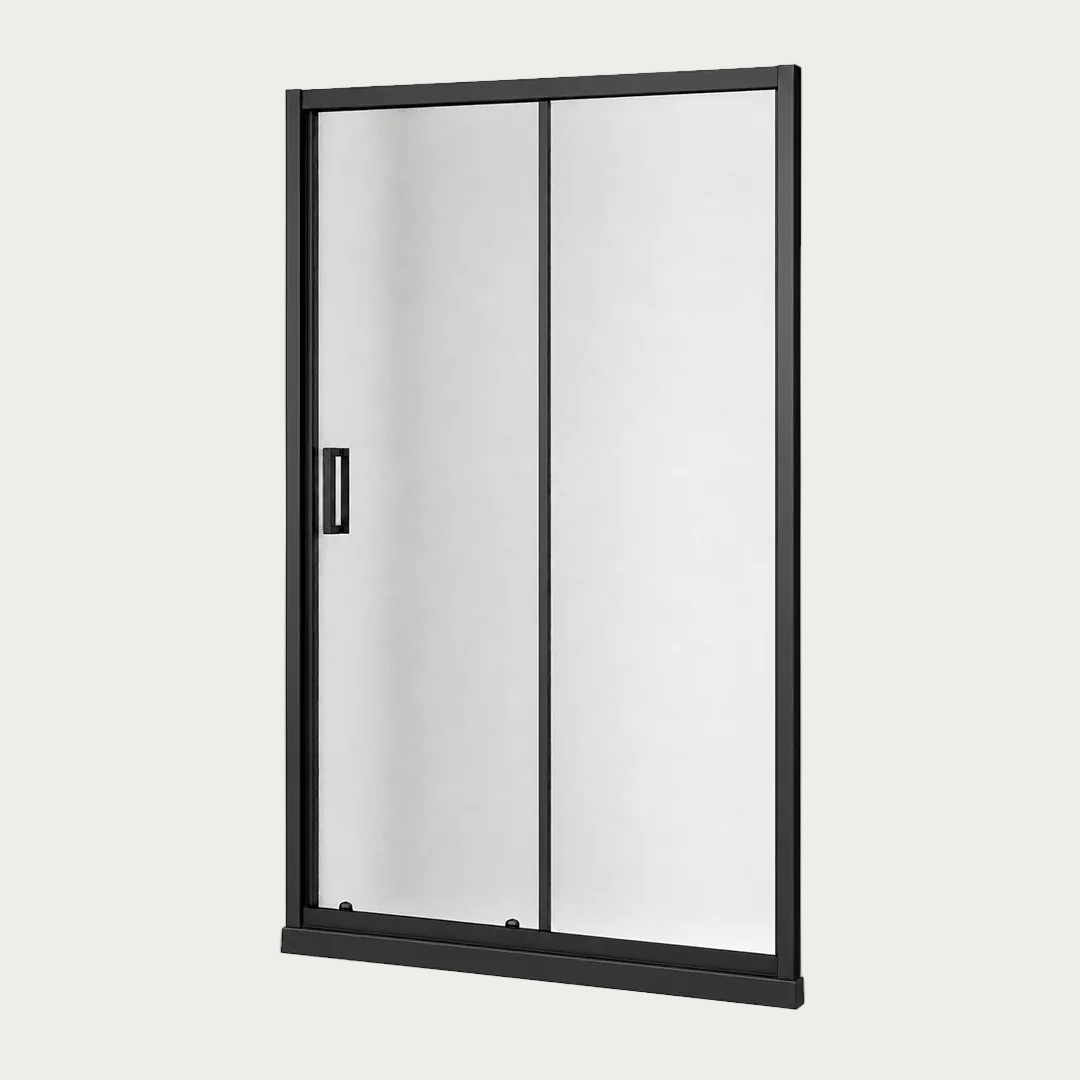 Porta doccia in vetro Linea con vetro trasparente con profili neri con maniglia in acciaio inox