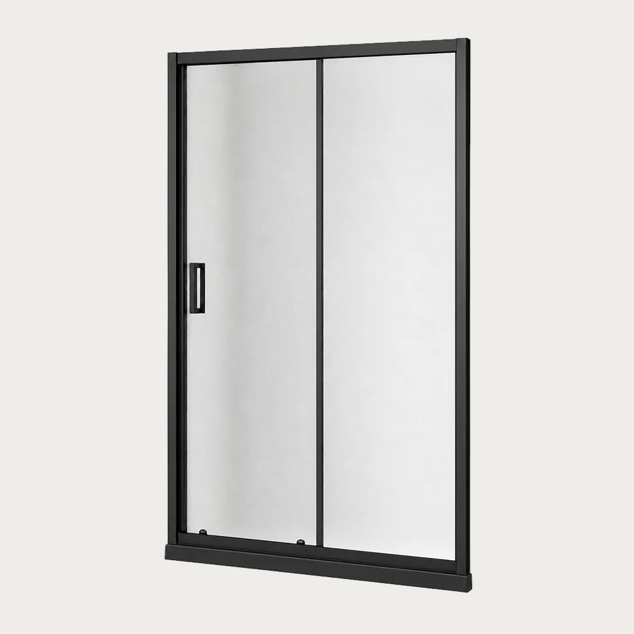 Porta doccia in vetro Linea con vetro trasparente con profili neri con maniglia in acciaio inox